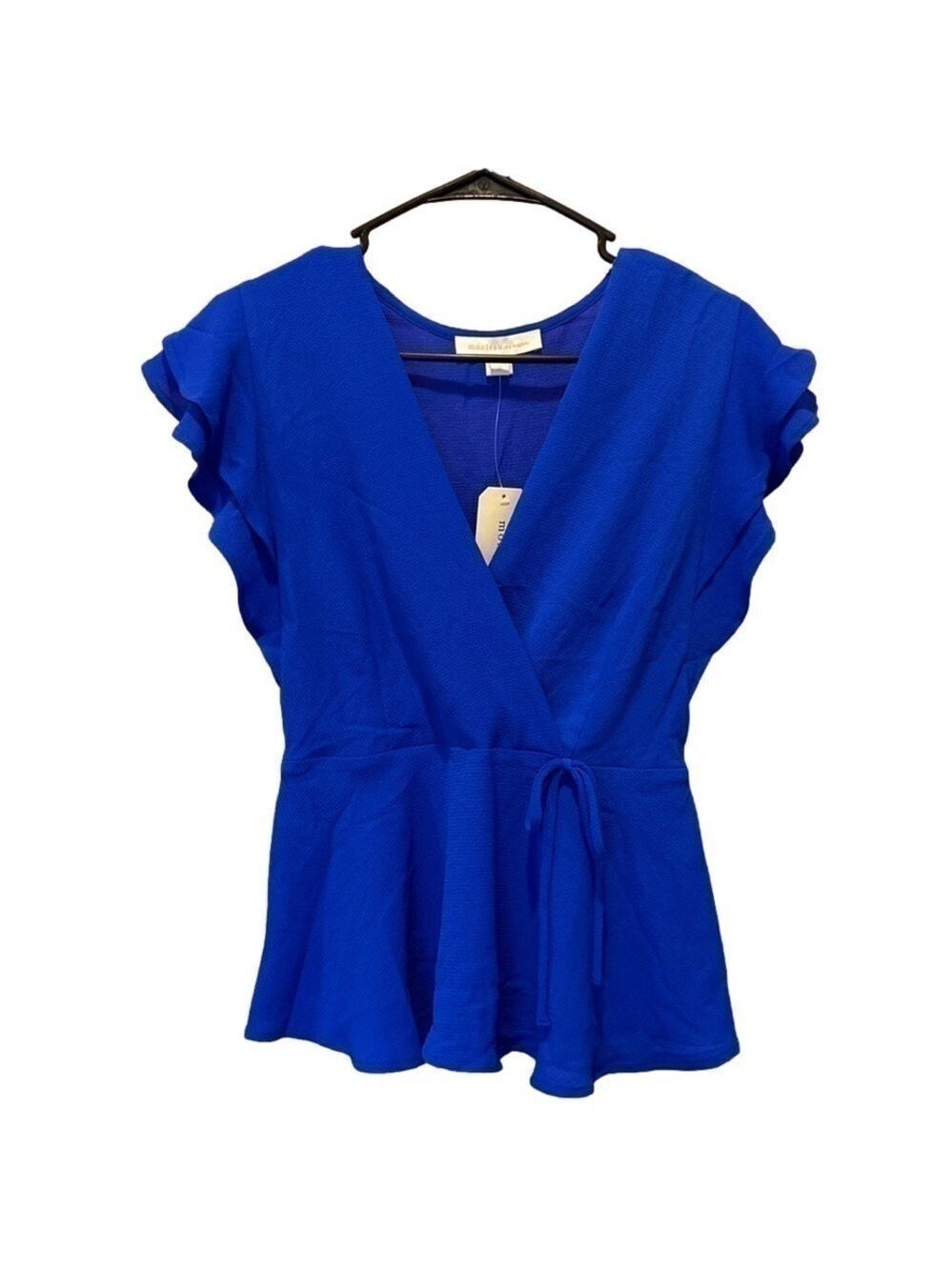 Monteau Los Angeles Blue Short Sleeve V-Neck Blouse NWT